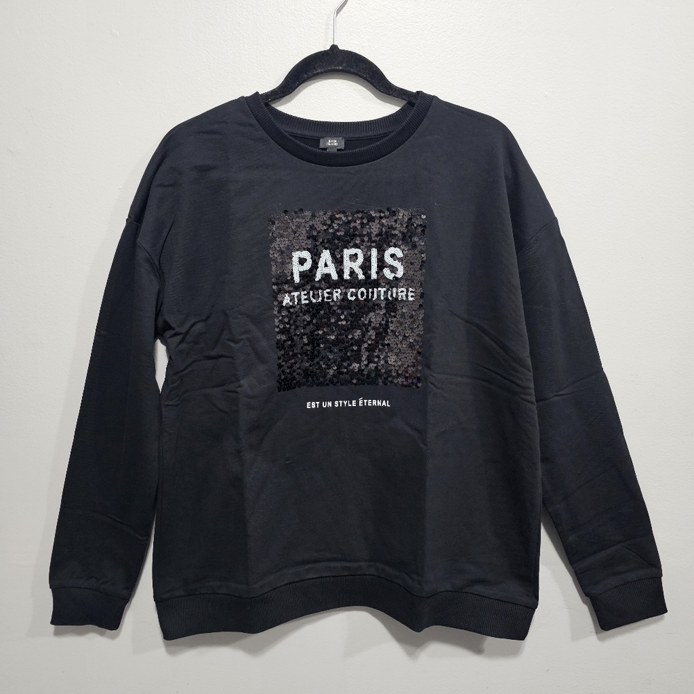 River Island Paris sequined slogan sweatshirt in black Size Small